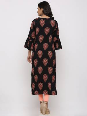 Women's Black Rayon Buta Print Straight Kurta 5