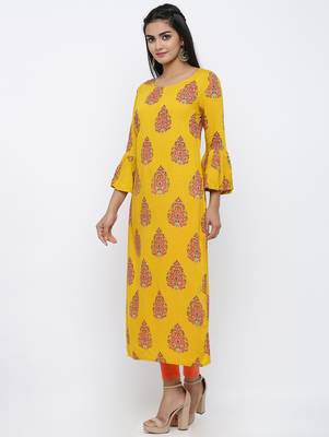 Women's Mustard Rayon Buta Print Straight Kurta 4