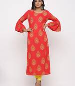 Women's Peach Rayon Buta Print Straight Kurta