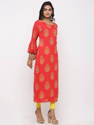 Women's Peach Rayon Buta Print Straight Kurta 3