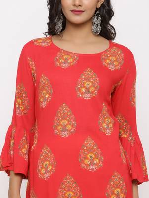 Women's Peach Rayon Buta Print Straight Kurta 4