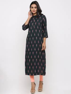 Women's Dark Green Rayon Ikat Print Straight Kurta 1