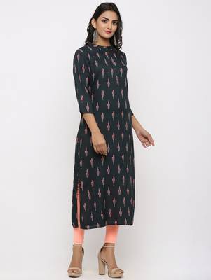 Women's Dark Green Rayon Ikat Print Straight Kurta 2