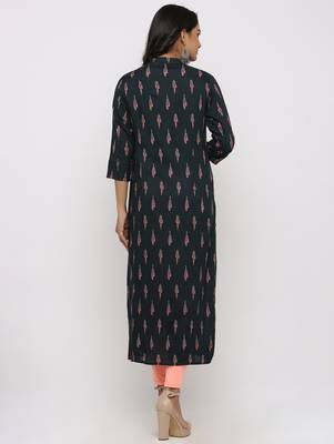 Women's Dark Green Rayon Ikat Print Straight Kurta 5