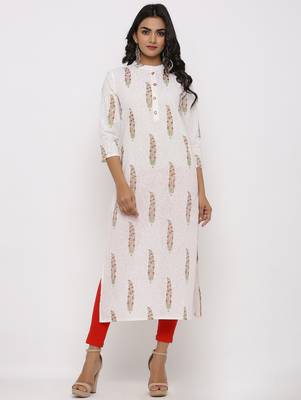 Women's White Cotton Cambric Mughal Print Straight Kurta 1