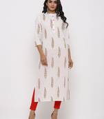Women's White Cotton Cambric Mughal Print Straight Kurta