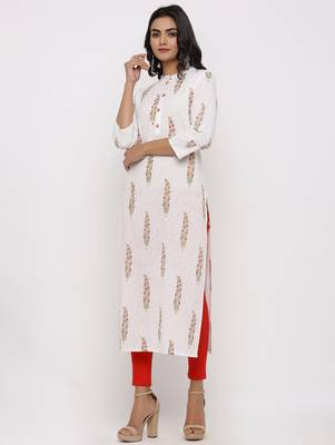 Women's White Cotton Cambric Mughal Print Straight Kurta 2
