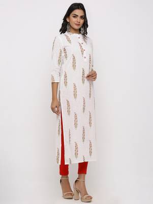 Women's White Cotton Cambric Mughal Print Straight Kurta 3