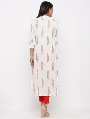 Women's White Cotton Cambric Mughal Print Straight Kurta 5