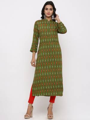 Women's Dark Green Rayon Ikat Print Straight Kurta 1