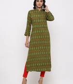 Women's Dark Green Rayon Ikat Print Straight Kurta