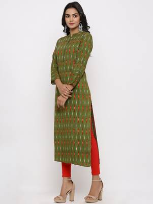 Women's Dark Green Rayon Ikat Print Straight Kurta 2
