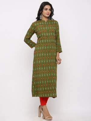 Women's Dark Green Rayon Ikat Print Straight Kurta 3