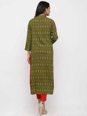 Women's Dark Green Rayon Ikat Print Straight Kurta 5