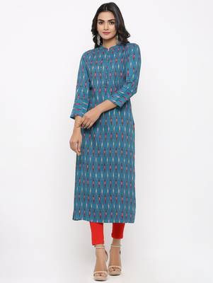 Women's Teal Rayon Ikat Print Straight Kurta 1