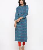 Women's Teal Rayon Ikat Print Straight Kurta