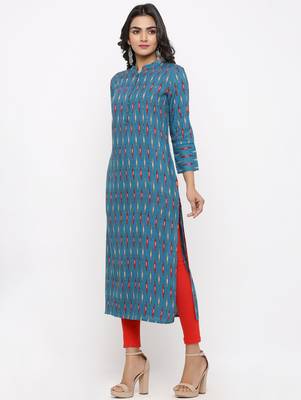 Women's Teal Rayon Ikat Print Straight Kurta 2