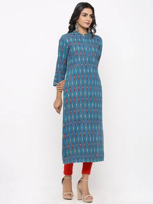 Women's Teal Rayon Ikat Print Straight Kurta 3