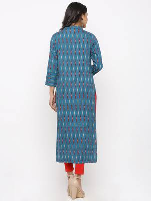 Women's Teal Rayon Ikat Print Straight Kurta 5