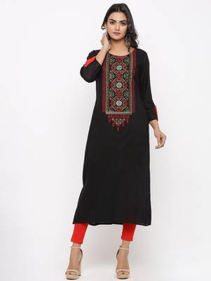Women's Black Rayon Embroidery Straight Kurta 1