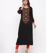 Women's Black Rayon Embroidery Straight Kurta