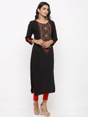Women's Black Rayon Embroidery Straight Kurta 2