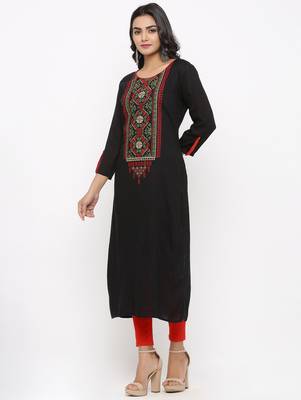 Women's Black Rayon Embroidery Straight Kurta 3