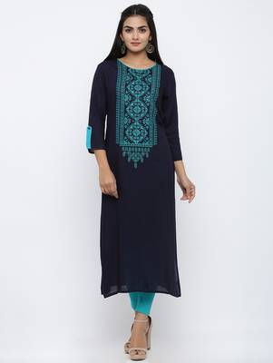 Women's Blue Rayon Embroidery Straight Kurta 1