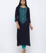 Women's Blue Rayon Embroidery Straight Kurta