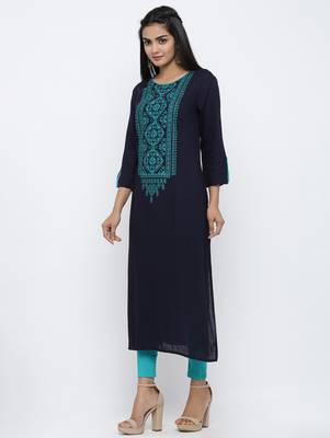 Women's Blue Rayon Embroidery Straight Kurta 2