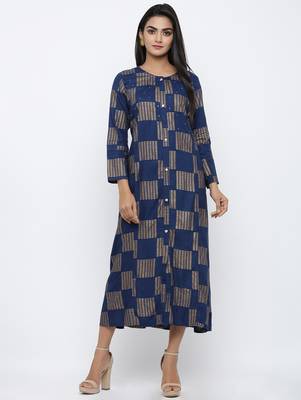 Women's Navy Blue Rayon Gold Print A-line Kurta 1