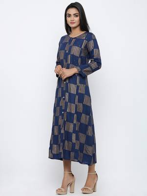 Women's Navy Blue Rayon Gold Print A-line Kurta 2