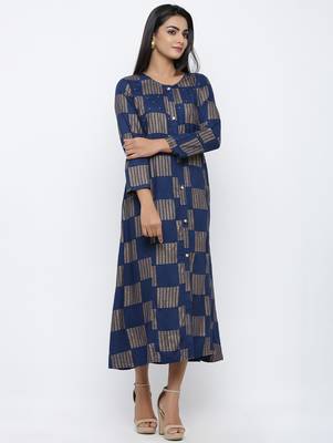 Women's Navy Blue Rayon Gold Print A-line Kurta 3