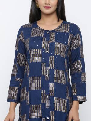 Women's Navy Blue Rayon Gold Print A-line Kurta 4