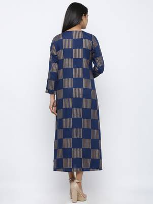 Women's Navy Blue Rayon Gold Print A-line Kurta 5