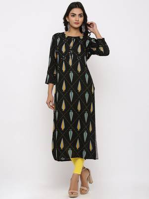 Women's Black Rayon Self Design Straight Kurta 1