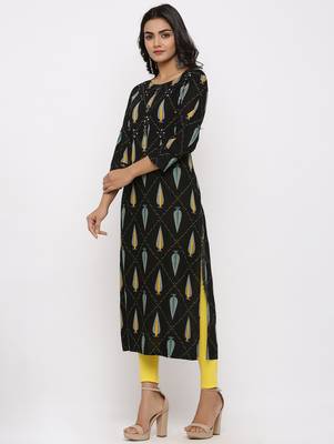 Women's Black Rayon Self Design Straight Kurta 2