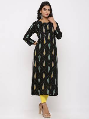 Women's Black Rayon Self Design Straight Kurta 3