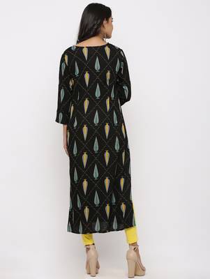 Women's Black Rayon Self Design Straight Kurta 5