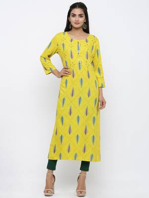 Women's Yellow Rayon Self Design Straight Kurta 1