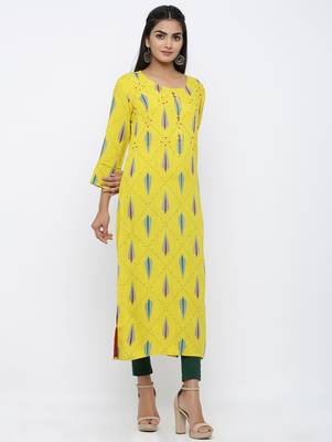 Women's Yellow Rayon Self Design Straight Kurta 2