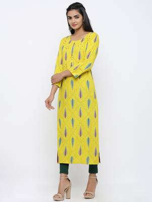 Women's Yellow Rayon Self Design Straight Kurta 3