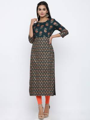 Women's Dark Green Rayon Gold Print Straight Kurta 1