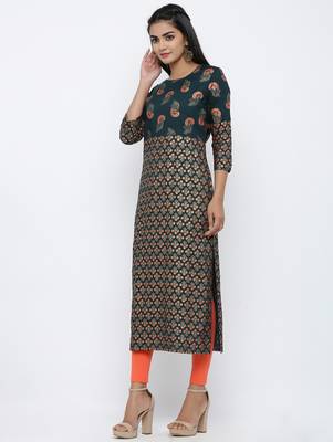 Women's Dark Green Rayon Gold Print Straight Kurta 2