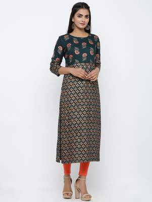 Women's Dark Green Rayon Gold Print Straight Kurta 3