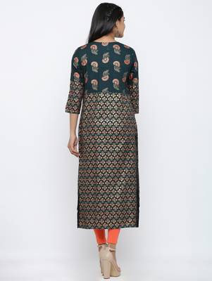 Women's Dark Green Rayon Gold Print Straight Kurta 5