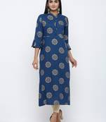 Women's Teal Rayon Gold Print Straight Kurta