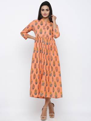 Women's Peach Cotton Cambric Mughal Print A-line Kurta 1