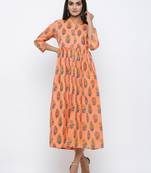 Women's Peach Cotton Cambric Mughal Print A-line Kurta