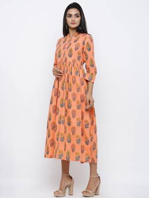 Women's Peach Cotton Cambric Mughal Print A-line Kurta 2